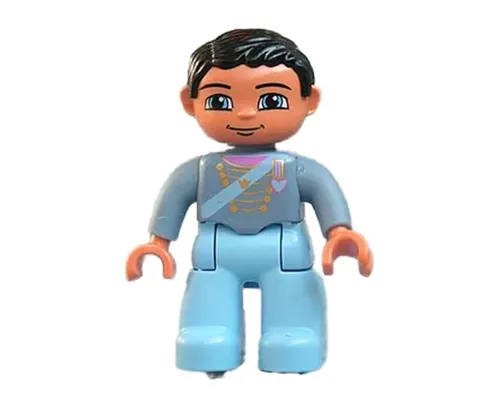 Duplo Figure Lego Ville, Male, Light Blue Legs, Sand Blue Top with Strap, Gold Crown and Medium Blue Heart, Black Hair Image