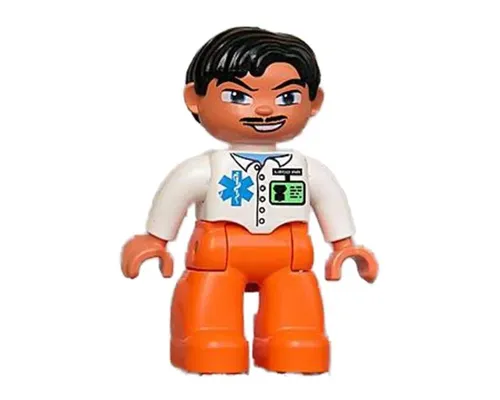 Duplo Figure Lego Ville, Male Medic, Orange Legs, White Top with ID Badge and EMT Star of Life Pattern, Black Hair, Blue Eyes, Moustache Image