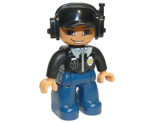 Duplo Figure Lego Ville, Male Police, Black Cap with Headset, Light Nougat Head and Hands, Black Shirt with Badge, Dark Blue Legs Image