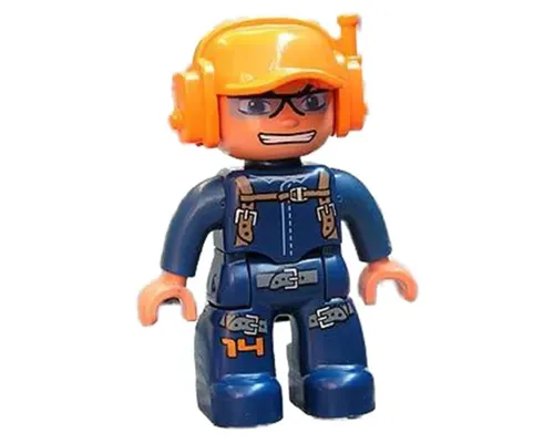 Duplo Figure Lego Ville, Male, Dark Blue Legs & Jumpsuit with Straps, Orange Cap with Headset Image