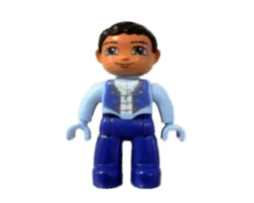 Duplo Figure Lego Ville, Male, Dark Blue-Violet Legs, Bright Light Blue Top with Straps and Key Necklace, Bright Light Blue Hands, Black Hair Image