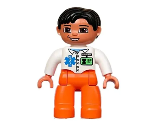 Duplo Figure Lego Ville, Male Medic, Orange Legs, White Top with ID Badge and EMT Star of Life Pattern, Black Hair, Brown Eyes Image