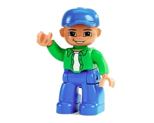 Duplo Figure Lego Ville, Male, Blue Legs, Bright Green Top with White Undershirt, Blue Cap Image