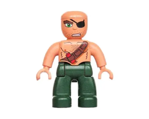 Duplo Figure Lego Ville, Male Pirate, Dark Green Legs, Nougat Top with Strap and Dynamite, Bald Head, Eye Patch Image