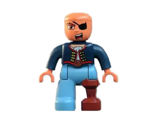 Duplo Figure Lego Ville, Male Pirate, Medium Blue Legs, Dark Blue Top with Buttons, Bald Head, Eye Patch, Peg Leg Image