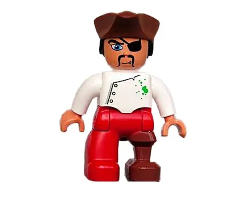 Duplo Figure Lego Ville, Male Pirate, Red Legs, White Top with Buttons and Green Spots, Reddish Brown Pirate Hat, Eye Patch, Peg Leg Image