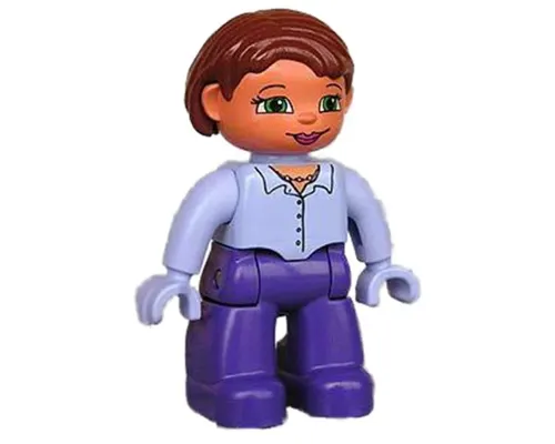 Duplo Figure Lego Ville, Female, Dark Purple Legs, Light Lilac Button Top with Necklace, Light Lilac Hands, Reddish Brown Hair, Green Eyes Image