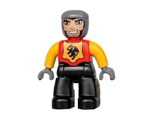 Duplo Figure Lego Ville, Male Castle, Black Legs, Red Chest, Bright Light Orange Arms, Dark Bluish Gray Hands, Wide Grin Image