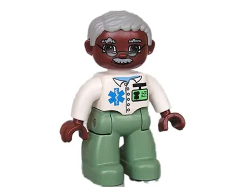 Duplo Figure Lego Ville, Male Medic, Sand Green Legs, White Top with Badge, Light Bluish Gray Hair, Brown Head, Glasses, Moustache Image