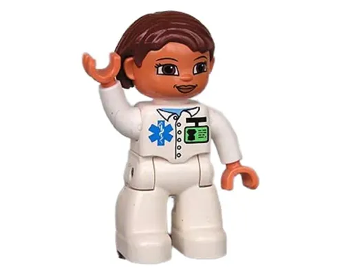 Duplo Figure Lego Ville, Female, Medic, White Legs, White Top with ID Badge and EMT Star of Life Pattern, Reddish Brown Hair, Brown Eyes Image