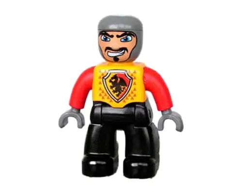 Duplo Figure Lego Ville, Male Castle, Black Legs, Bright Light Orange Chest, Red Arms, Dark Bluish Gray Hands, Wide Crooked Grin Image