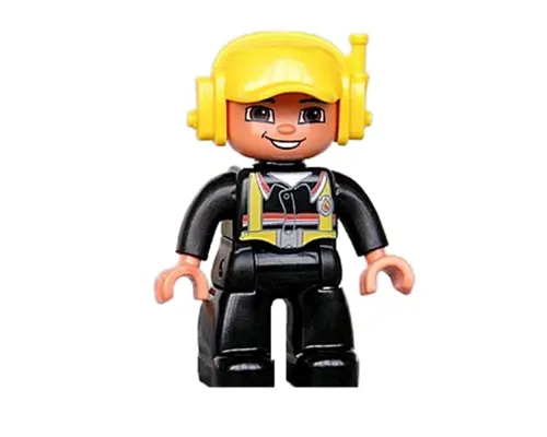 Duplo Figure Lego Ville, Male Fireman, Black Legs, Nougat Hands, Yellow Cap with Headset Image