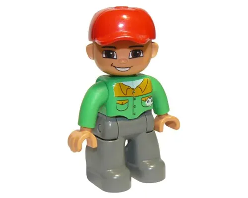 Duplo Figure Lego Ville, Male, Dark Bluish Gray Legs, Bright Green Button Down Shirt, Red Cap, Brown Eyes, Open Mouth Smile (Mechanic) Image