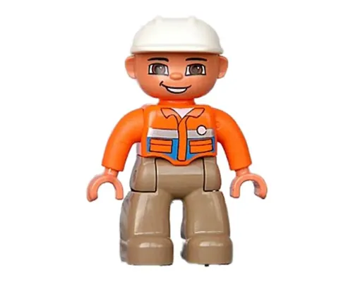 Duplo Figure Lego Ville, Male, Dark Tan Legs, Orange Shirt, Brown Eyes, White Construction Helmet, White Button Image