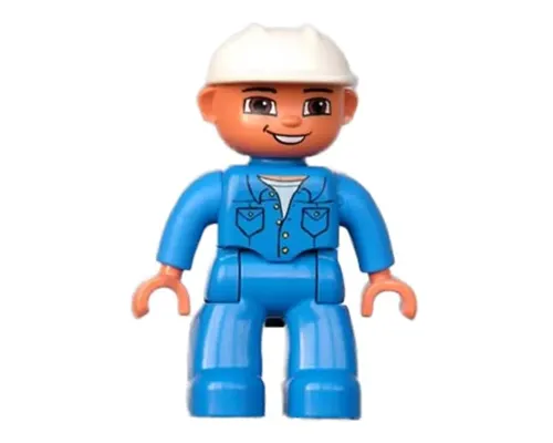 Duplo Figure Lego Ville, Male, Blue Legs, Blue Top with Pockets, White Construction Helmet, Brown Eyes and Open Mouth Smile Image