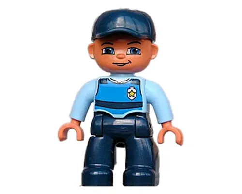 Duplo Figure Lego Ville, Male, Dark Blue Legs, Light Blue Top with Life Jacket and Badge, Dark Blue Cap Image