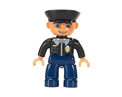 Duplo Figure Lego Ville, Male Police, Dark Blue Legs, Black Top with Badge, Black Arms, Black Hat, Blue Eyes Image