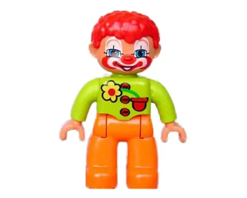 Duplo Figure Lego Ville, Male Clown, Orange Legs, Lime Top with Three Buttons and Flower, Red Hair, Blue Eyes Image