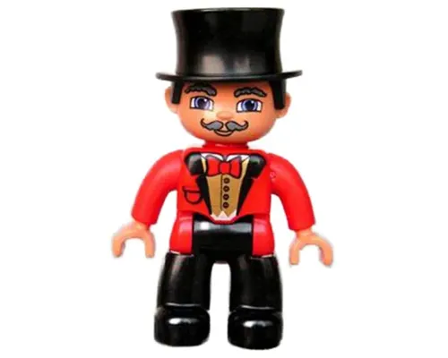 Duplo Figure Lego Ville, Male Circus Ringmaster, Black Legs, Red Top with Bow Tie, Top Hat, Blue Eyes (4611994) Image