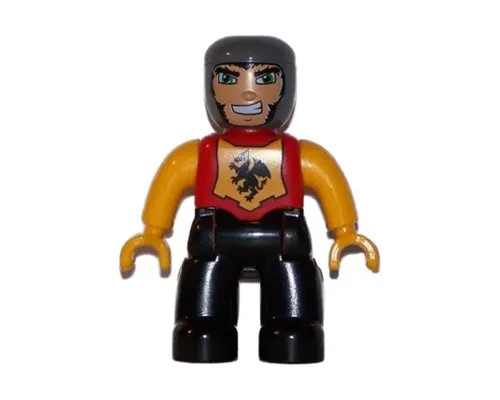 Duplo Figure Lego Ville, Male Castle, Black Legs, Red Chest with Dragon Emblem, Bright Light Orange Arms and Hands, Lefty Smile Image