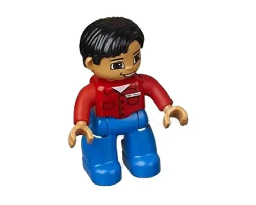 Duplo Figure Lego Ville, Male, Blue Legs, Red Shirt with Pockets and Name Tag, Black Hair, Brown Eyes, Nougat Hands Image