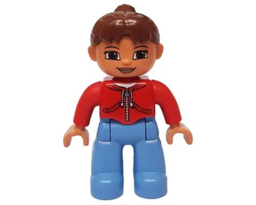 Duplo Figure Lego Ville, Female, Medium Blue Legs, Red Jacket with Black Zipper and Pockets, Reddish Brown Ponytail Hair (4598306) Image