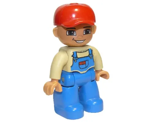 Duplo Figure Lego Ville, Male, Blue Legs, Tan Top with Blue Overalls, Red Baseball Cap (4529970) Image