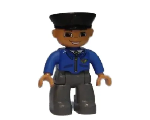 Duplo Figure Lego Ville, Male Post Office, Dark Bluish Gray Legs, Blue Jacket with Mail Horn, Black Police Hat, Smile with Teeth Image