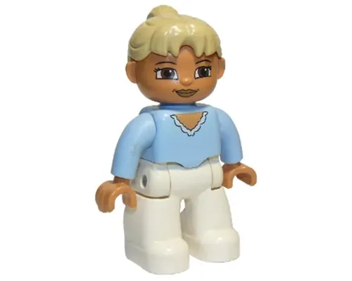 Duplo Figure Lego Ville, Female, White Legs, Bright Light Blue Top, Tan Ponytail Hair, Brown Eyes Image