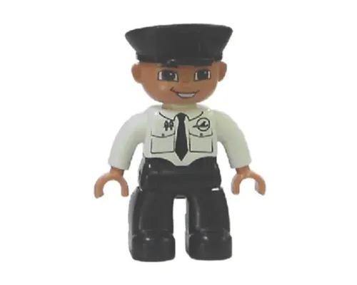 Duplo Figure Lego Ville, Male Pilot, Black Legs, White Top with Airplane Logo and Black Tie, Police Hat Image