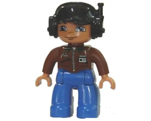 Duplo Figure Lego Ville, Male, Blue Legs, Brown Top with ID Badge, Black Cap with Headset Image