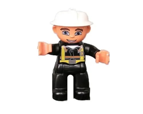 Duplo Figure Lego Ville, Male Fireman, Black Legs, Nougat Hands, White Helmet, Blue Eyes Image