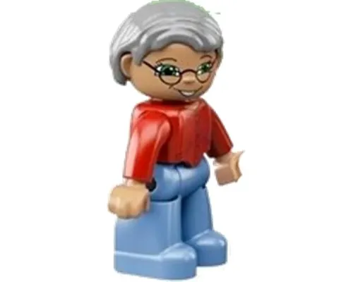 Duplo Figure Lego Ville, Female, Medium Blue Legs, Red Sweater, Very Light Gray Hair, Blue Eyes, Glasses Image