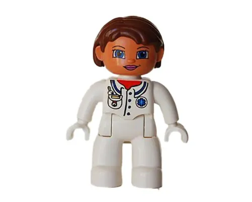 Duplo Figure Lego Ville, Female, Medic, White Legs, White Top with Pocket and EMT Star of Life Pattern, Reddish Brown Hair, Blue Eyes Image