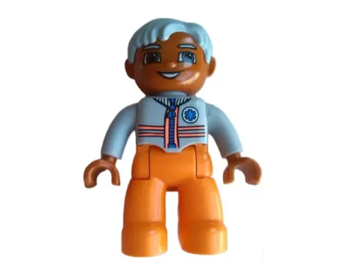 Duplo Figure Lego Ville, Male Medic, Orange Legs, Light Bluish Gray Top with Zipper, Stripes and EMT Star of Life Pattern, Light Bluish Gray Hair Image