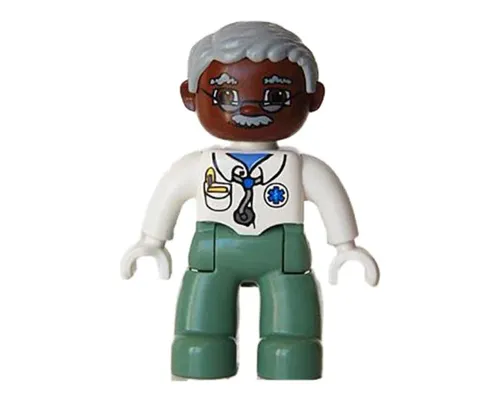 Duplo Figure Lego Ville, Male Medic, Sand Green Legs, White Top with Stethoscope, Light Bluish Gray Hair, Brown Head, Glasses, Moustache Image