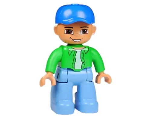 Duplo Figure Lego Ville, Male, Medium Blue Legs, Bright Green Top with White Undershirt, Blue Cap Image