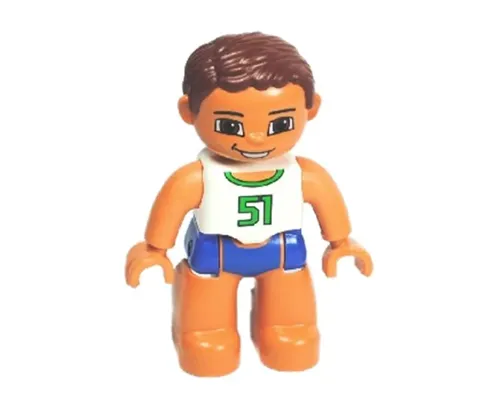 Duplo Figure Lego Ville, Male, Blue Swim Trunks, White Top with Green '51', Reddish Brown Hair Image