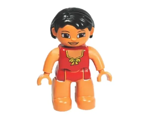 Duplo Figure Lego Ville, Female, Red Swimsuit with Yellow Bow, Black Hair Image