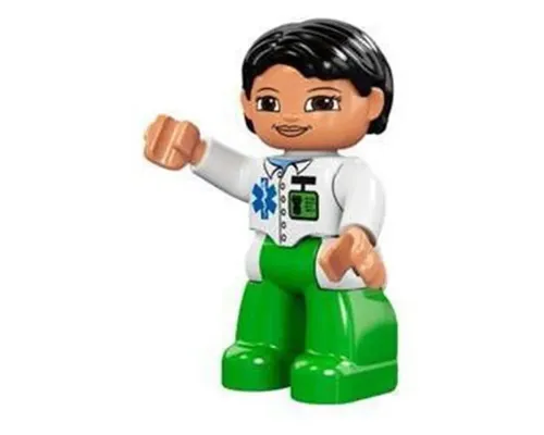 Duplo Figure Lego Ville, Female, Medic, Bright Green Legs, White Top with ID Badge and EMT Star of Life Pattern, Black Hair, Brown Eyes Image