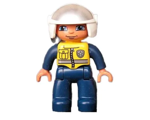 Duplo Figure Lego Ville, Male Police, Dark Blue Legs and Jumpsuit with Yellow Vest, White Helmet Image