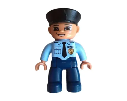 Duplo Figure Lego Ville, Male Police, Dark Blue Legs, Light Blue Top with Badge and Tie, Nougat Hands, Black Hat Image