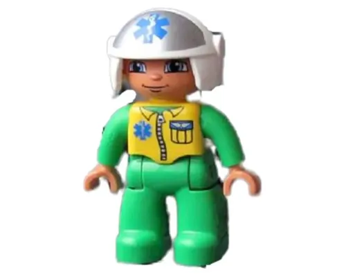 Duplo Figure Lego Ville, Male Medic, Bright Green Legs & Jumpsuit with Yellow Vest, White Helmet with EMT Star of Life Pattern Image