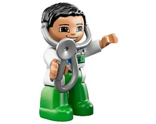 Duplo Figure Lego Ville, Male Medic, Bright Green Legs, White Top with ID Badge and EMT Star of Life Pattern, Attached Stethoscope Image