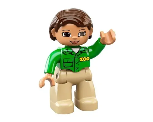 Duplo Figure Lego Ville, Female, Tan Legs, Green Top with 'ZOO' on Front and Back, Reddish Brown Hair, Brown Eyes (Zoo Worker) Image