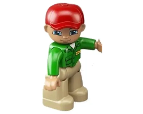 Duplo Figure Lego Ville, Male, Tan Legs, Green Top with 'ZOO' on Front and Back, Red Cap, Blue Eyes (Zoo Worker) Image