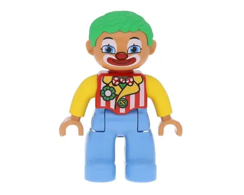 Duplo Figure Lego Ville, Male Clown, Medium Blue Legs, Striped Jacket, Bow Tie, Green Hair Image