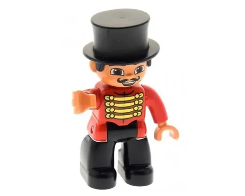 Duplo Figure Lego Ville, Male Circus Ringmaster, Black Legs, Red Top with Gold Braid, Top Hat, Brown Eyes (6023824) Image