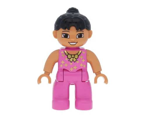 Duplo Figure Lego Ville, Female Tightrope Walker, Dark Pink Legs and Top with Gold Bow and Stars, Black Ponytail Hair, Brown Eyes Image