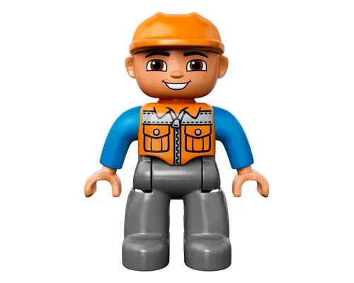 Duplo Figure Lego Ville, Male, Dark Bluish Gray Legs, Orange Vest with Zipper and Pockets, Orange Construction Helmet Image